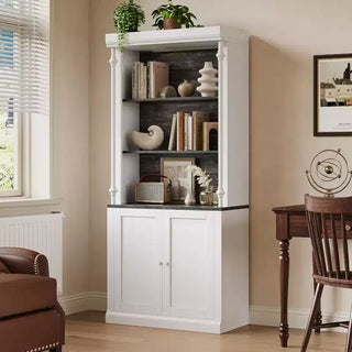Bibliothèque haute de rangement avec 3 étagères ouvertes et une double porte, design colonne romaine, armoire de rangement et d'exposition en grain de bois pour bureau à domicile, salon