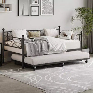 Cadre de lit de repos double avec lit gigogne, tête de lit florale et lattes en acier robustes, idéal pour les salons et les chambres d'amis, doré