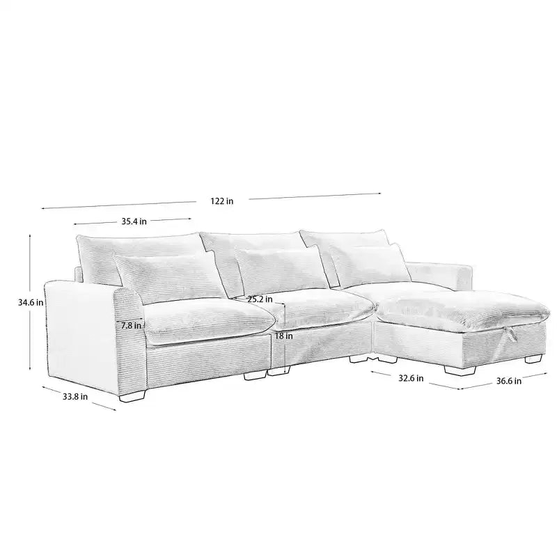 Confort Ultime : Canapé d'angle en velours côtelé avec rangement et 3 coussins moelleux