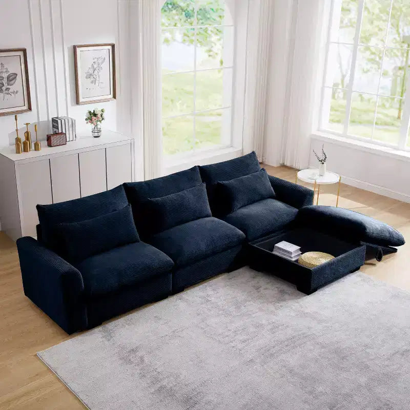 Confort Ultime : Canapé d'angle en velours côtelé avec rangement et 3 coussins moelleux