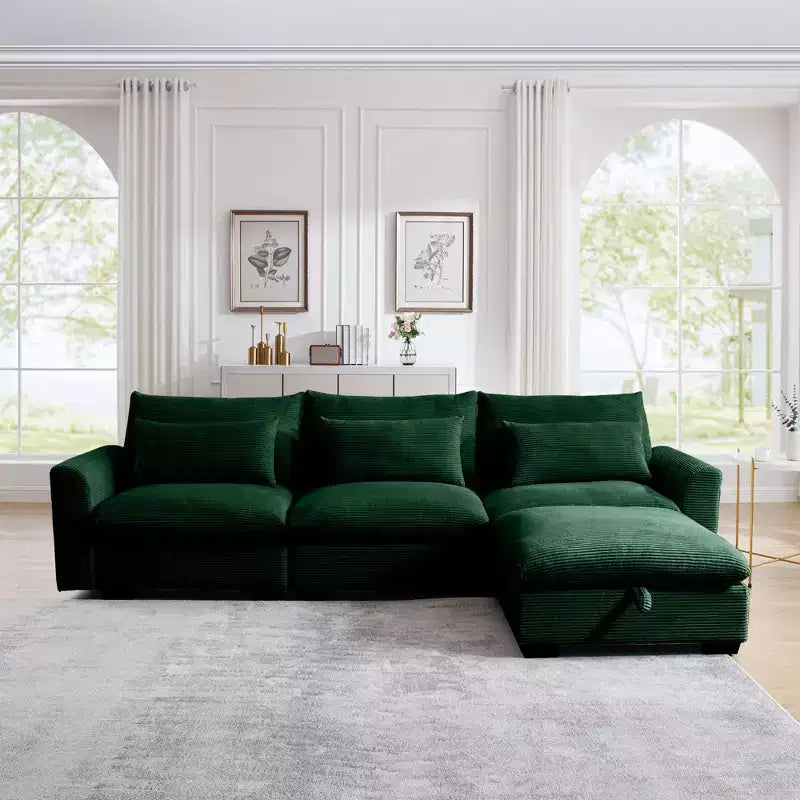 Confort Ultime : Canapé d'angle en velours côtelé avec rangement et 3 coussins moelleux