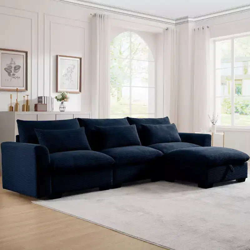 Confort Ultime : Canapé d'angle en velours côtelé avec rangement et 3 coussins moelleux