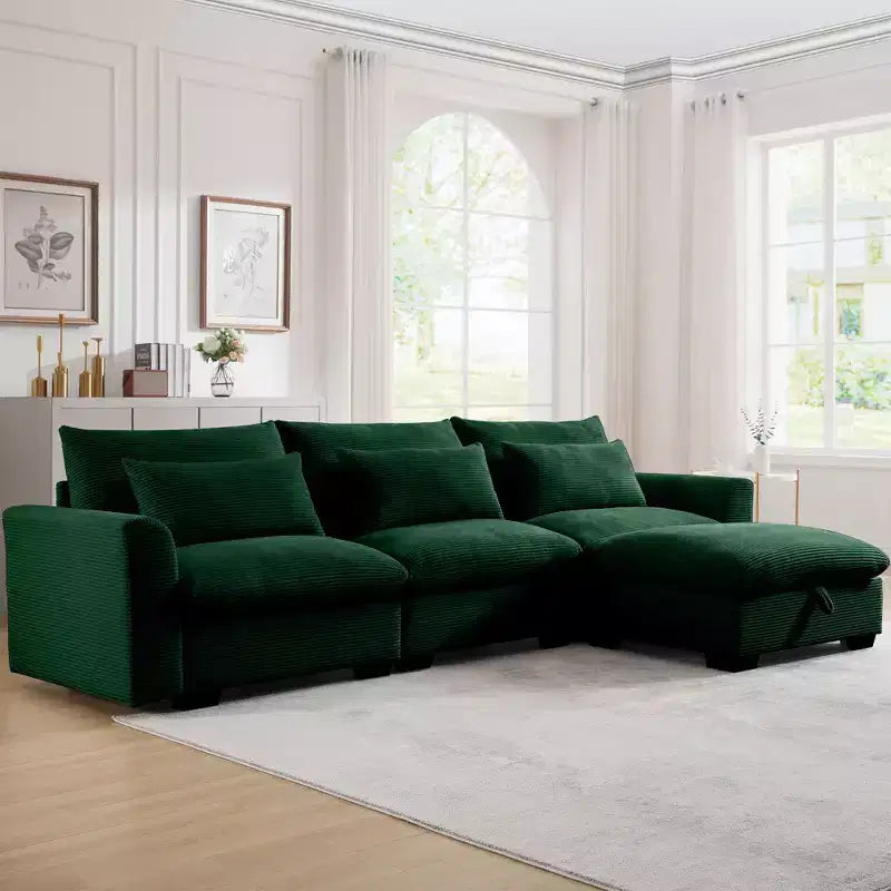 Confort Ultime : Canapé d'angle en velours côtelé avec rangement et 3 coussins moelleux