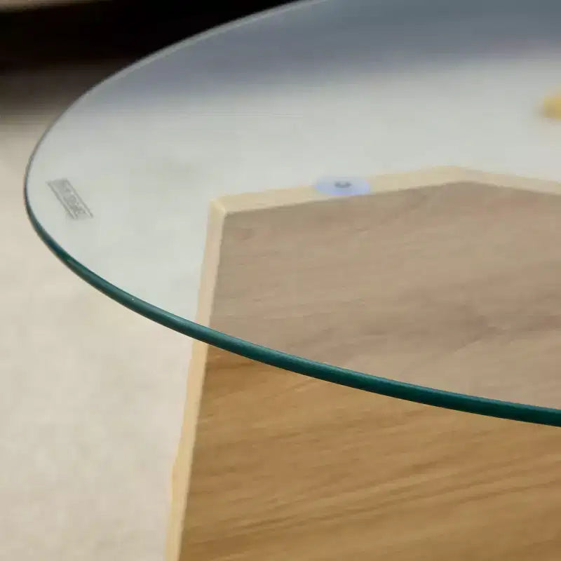 Table basse en verre, Table basse ronde, Table basse ovale, Table d'appoint, Table de canapé avec pieds en éventail diagonaux, Noyer/Naturel