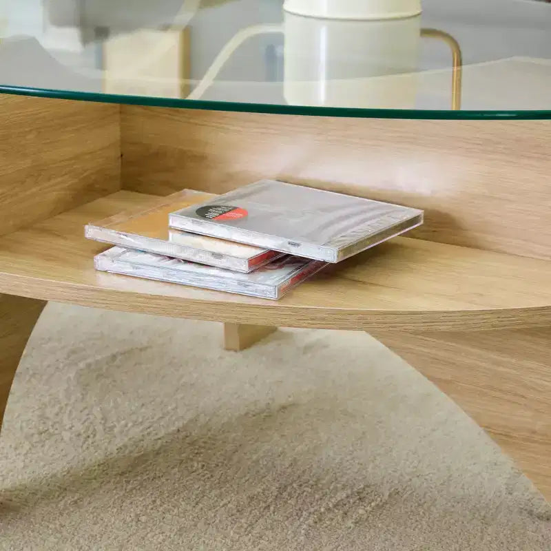 Table basse en verre, Table basse ronde, Table basse ovale, Table d'appoint, Table de canapé avec pieds en éventail diagonaux, Noyer/Naturel