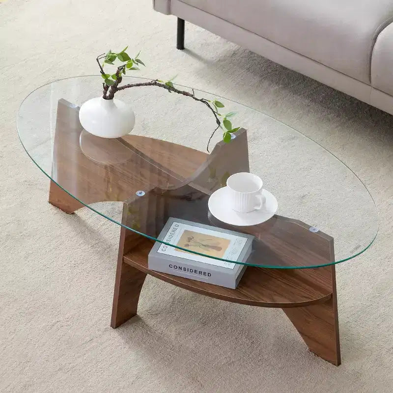 Table basse en verre, Table basse ronde, Table basse ovale, Table d'appoint, Table de canapé avec pieds en éventail diagonaux, Noyer/Naturel