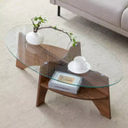Table basse en verre, Table basse ronde, Table basse ovale, Table d'appoint, Table de canapé avec pieds en éventail diagonaux, Noyer/Naturel