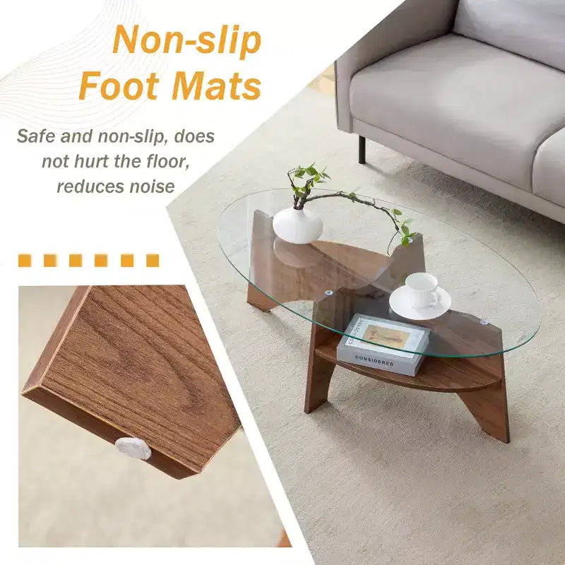 Table basse en verre, Table basse ronde, Table basse ovale, Table d'appoint, Table de canapé avec pieds en éventail diagonaux, Noyer/Naturel