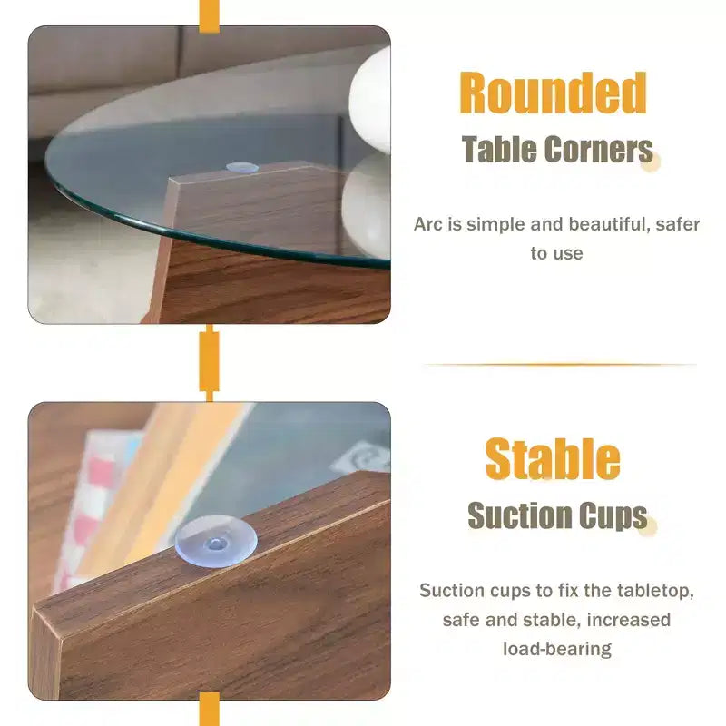 Table basse en verre, Table basse ronde, Table basse ovale, Table d'appoint, Table de canapé avec pieds en éventail diagonaux, Noyer/Naturel