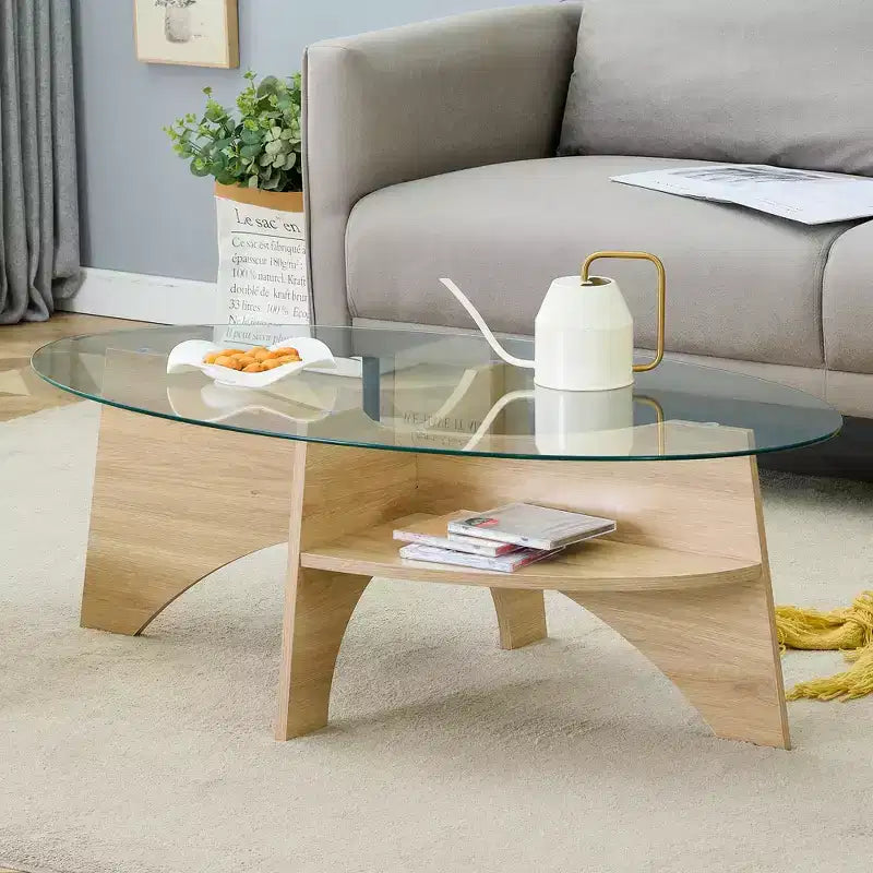 Table basse en verre, Table basse ronde, Table basse ovale, Table d'appoint, Table de canapé avec pieds en éventail diagonaux, Noyer/Naturel