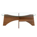 Table basse en verre, Table basse ronde, Table basse ovale, Table d'appoint, Table de canapé avec pieds en éventail diagonaux, Noyer/Naturel