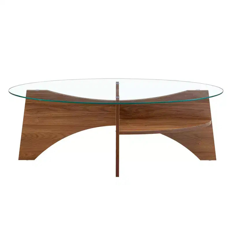 Table basse en verre, Table basse ronde, Table basse ovale, Table d'appoint, Table de canapé avec pieds en éventail diagonaux, Noyer/Naturel