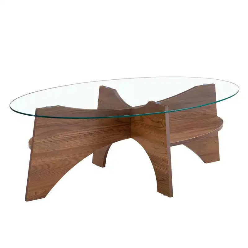 Table basse en verre, Table basse ronde, Table basse ovale, Table d'appoint, Table de canapé avec pieds en éventail diagonaux, Noyer/Naturel