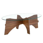 Table basse en verre, Table basse ronde, Table basse ovale, Table d'appoint, Table de canapé avec pieds en éventail diagonaux, Noyer/Naturel