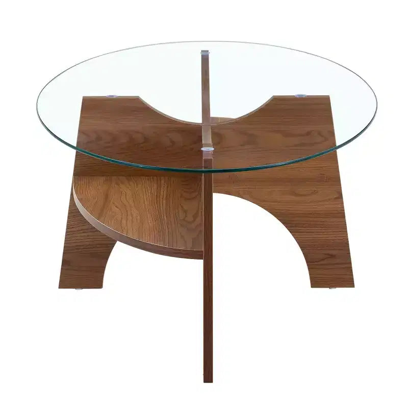 Table basse en verre, Table basse ronde, Table basse ovale, Table d'appoint, Table de canapé avec pieds en éventail diagonaux, Noyer/Naturel