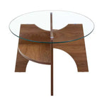 Table basse en verre, Table basse ronde, Table basse ovale, Table d'appoint, Table de canapé avec pieds en éventail diagonaux, Noyer/Naturel