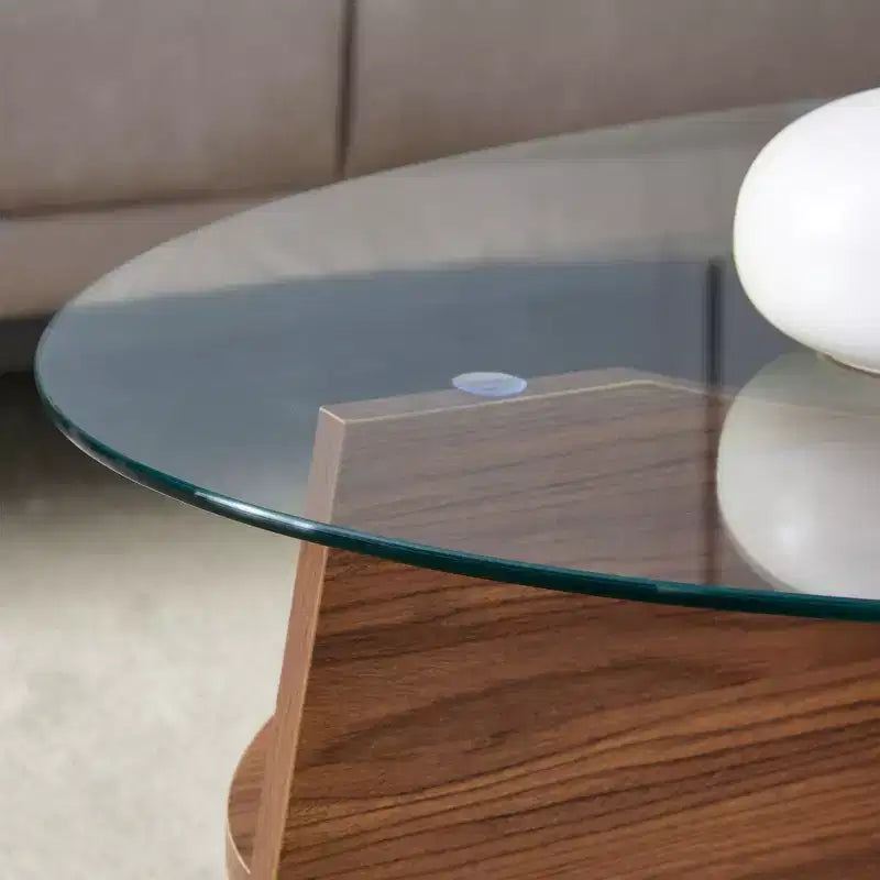 Table basse en verre, Table basse ronde, Table basse ovale, Table d'appoint, Table de canapé avec pieds en éventail diagonaux, Noyer/Naturel