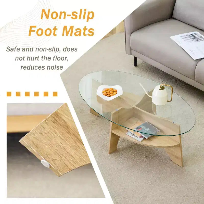 Table basse en verre, Table basse ronde, Table basse ovale, Table d'appoint, Table de canapé avec pieds en éventail diagonaux, Noyer/Naturel