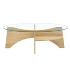 Table basse en verre, Table basse ronde, Table basse ovale, Table d'appoint, Table de canapé avec pieds en éventail diagonaux, Noyer/Naturel
