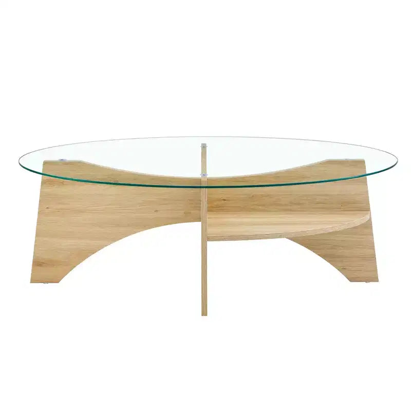 Table basse en verre, Table basse ronde, Table basse ovale, Table d'appoint, Table de canapé avec pieds en éventail diagonaux, Noyer/Naturel