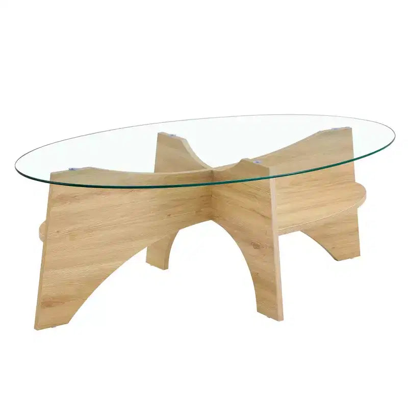 Table basse en verre, Table basse ronde, Table basse ovale, Table d'appoint, Table de canapé avec pieds en éventail diagonaux, Noyer/Naturel