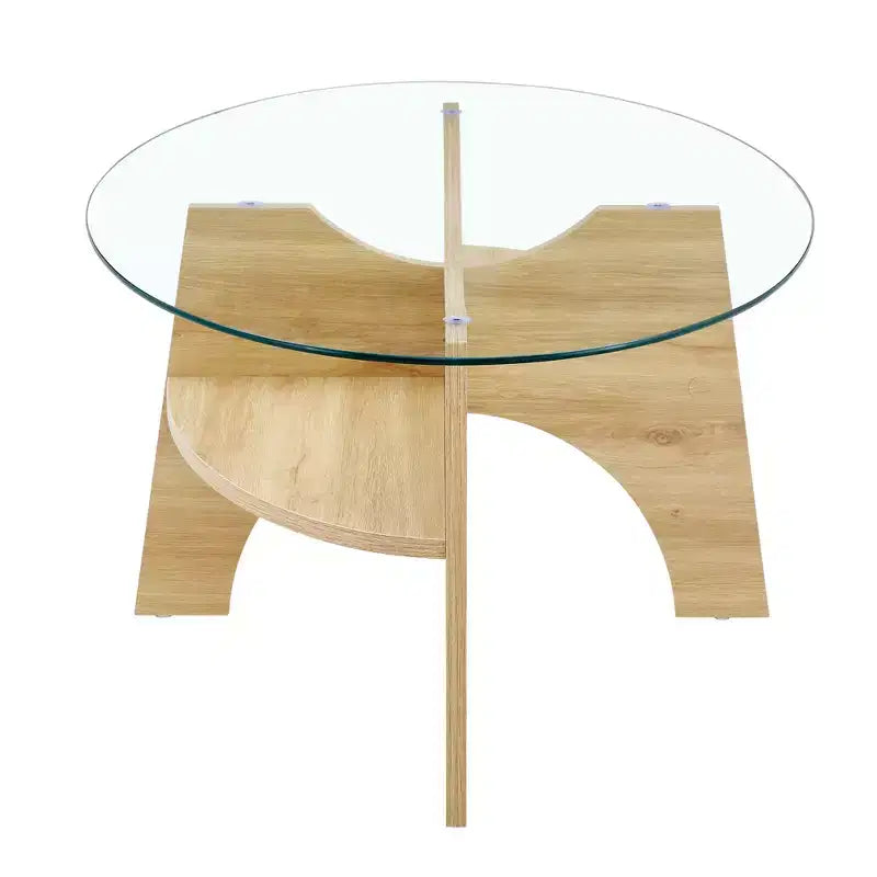 Table basse en verre, Table basse ronde, Table basse ovale, Table d'appoint, Table de canapé avec pieds en éventail diagonaux, Noyer/Naturel
