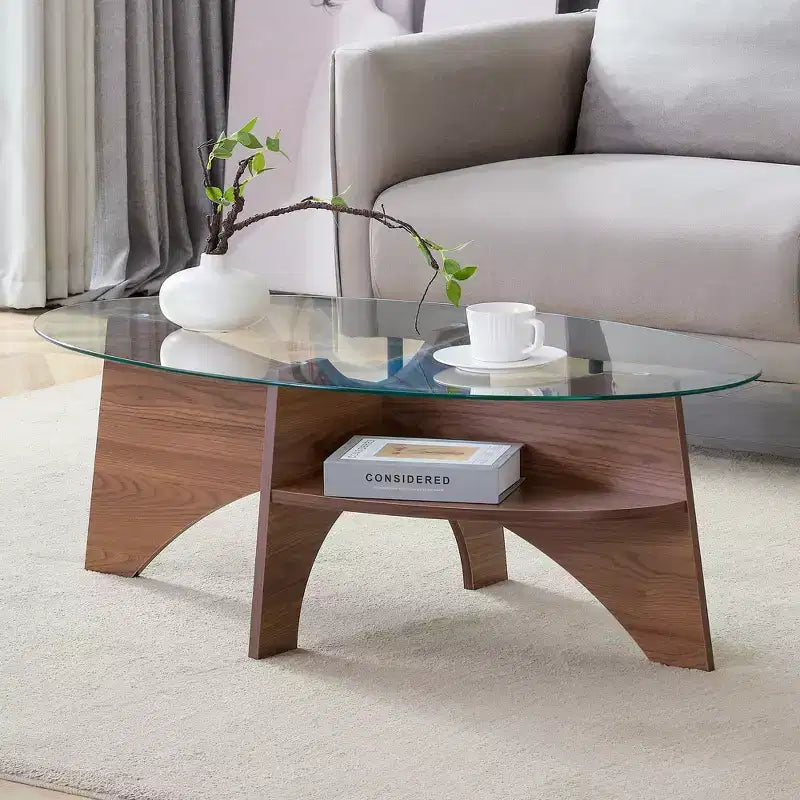 Table basse en verre, Table basse ronde, Table basse ovale, Table d'appoint, Table de canapé avec pieds en éventail diagonaux, Noyer/Naturel