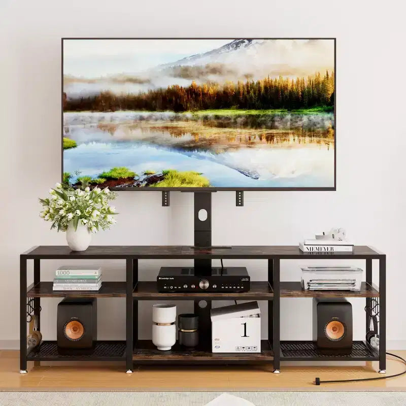 Meuble TV avec support et prise de courant, table console avec centre de divertissement réglable en hauteur avec étagères de rangement pour TV 70 pouces, noir/marron