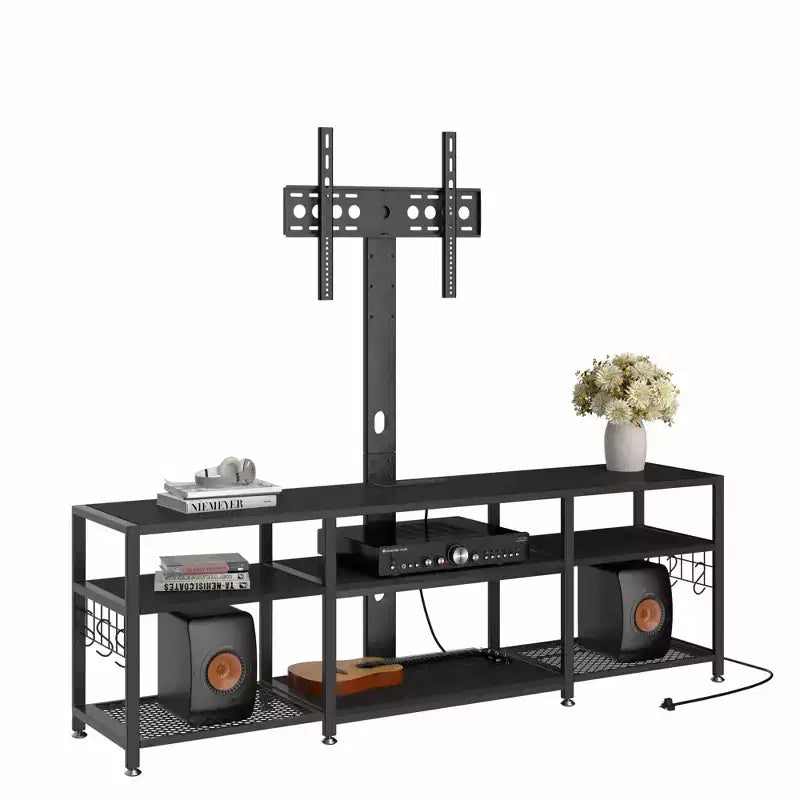 Meuble TV avec support et prise de courant, table console avec centre de divertissement réglable en hauteur avec étagères de rangement pour TV 70 pouces, noir/marron