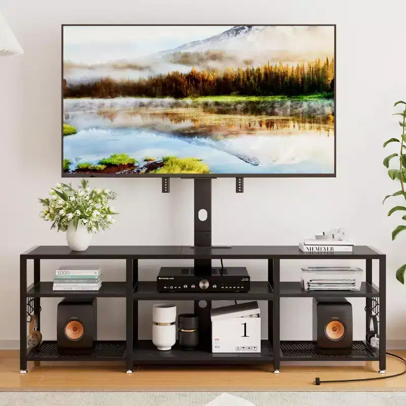 Meuble TV avec support et prise de courant, table console avec centre de divertissement réglable en hauteur avec étagères de rangement pour TV 70 pouces, noir/marron