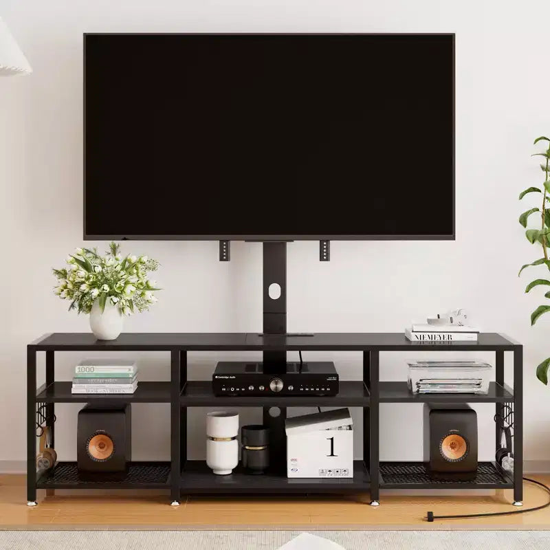 Meuble TV avec support et prise de courant, table console avec centre de divertissement réglable en hauteur avec étagères de rangement pour TV 70 pouces, noir/marron