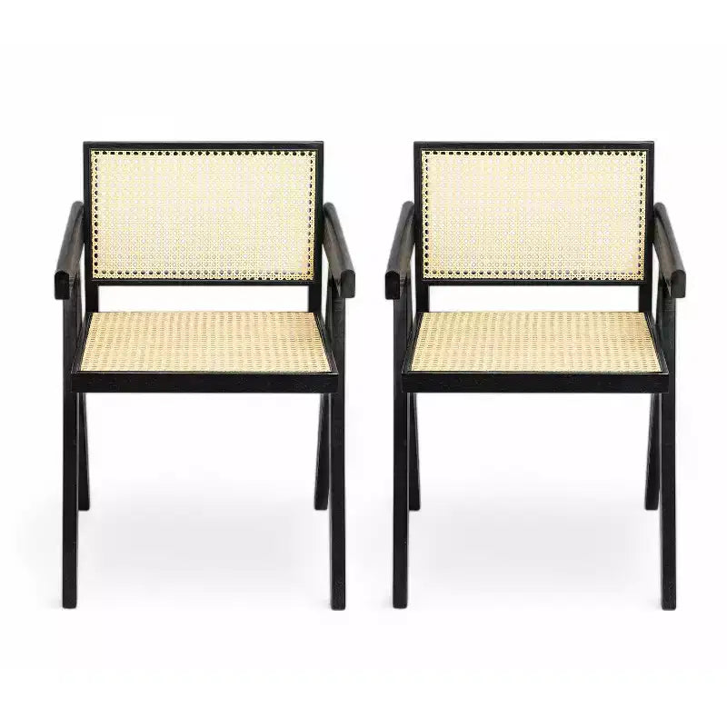 Chaise de salle à manger avec accoudoirs en bois d'hévéa et cannage et pieds en forme de V