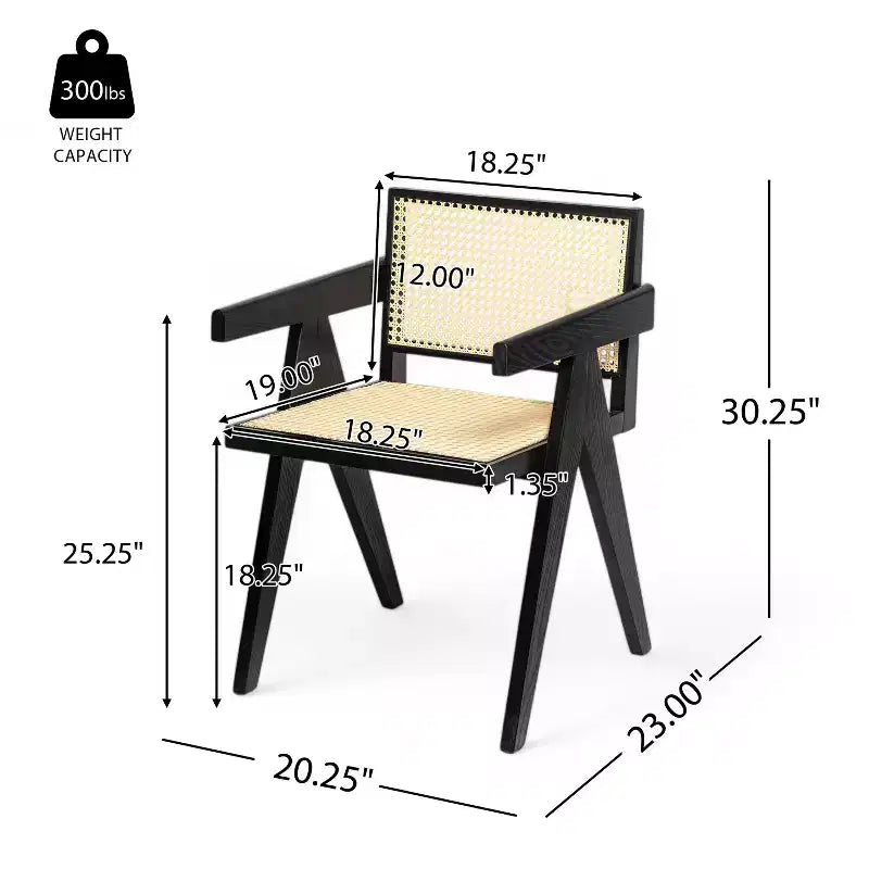 Chaise de salle à manger avec accoudoirs en bois d'hévéa et cannage et pieds en forme de V