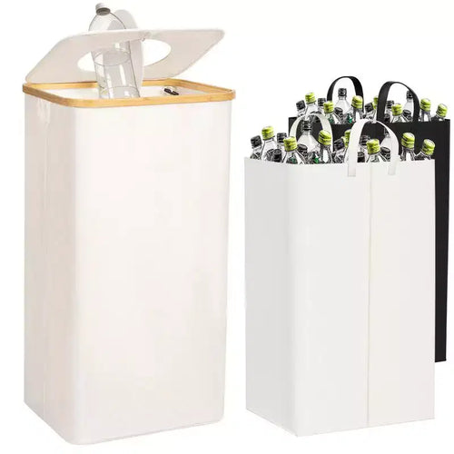 Hausource 100L Beige Laundry Hamper & Recycling Bin with Lid, 2 Liners, Collapsible, Waterproof