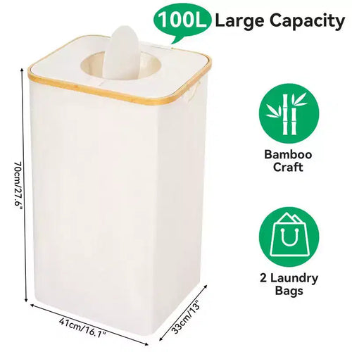 Panier à Linge et Poubelle de Recyclage 100L Beige avec Couvercle, 2 Sacs Intérieurs, Pliable, Étanche