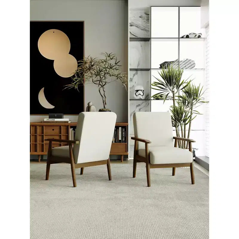 Fauteuil d'appoint en lin de style Mid-Century Modern avec cadre en bois massif, blanc cassé