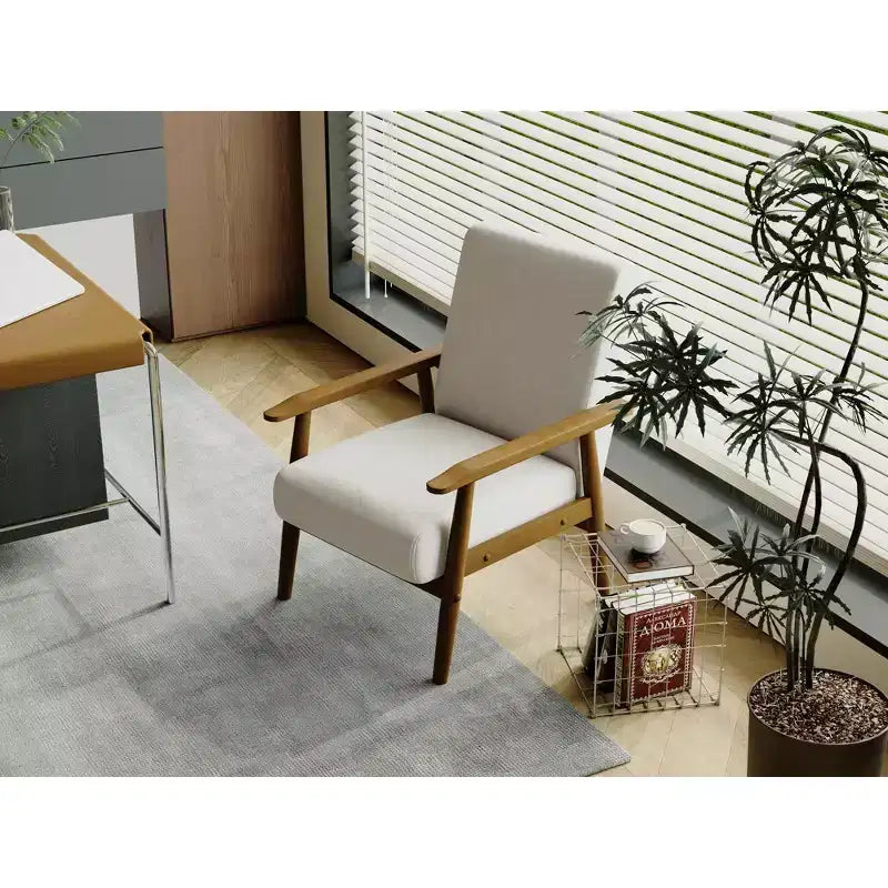 Fauteuil d'appoint en lin de style Mid-Century Modern avec cadre en bois massif, blanc cassé