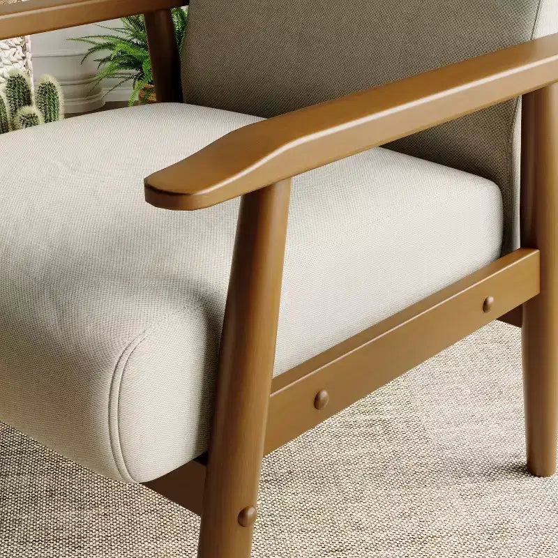 Fauteuil d'appoint en lin de style Mid-Century Modern avec cadre en bois massif, blanc cassé