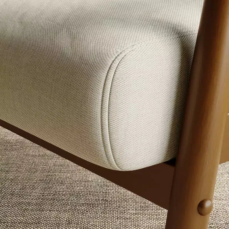 Fauteuil d'appoint en lin de style Mid-Century Modern avec cadre en bois massif, blanc cassé