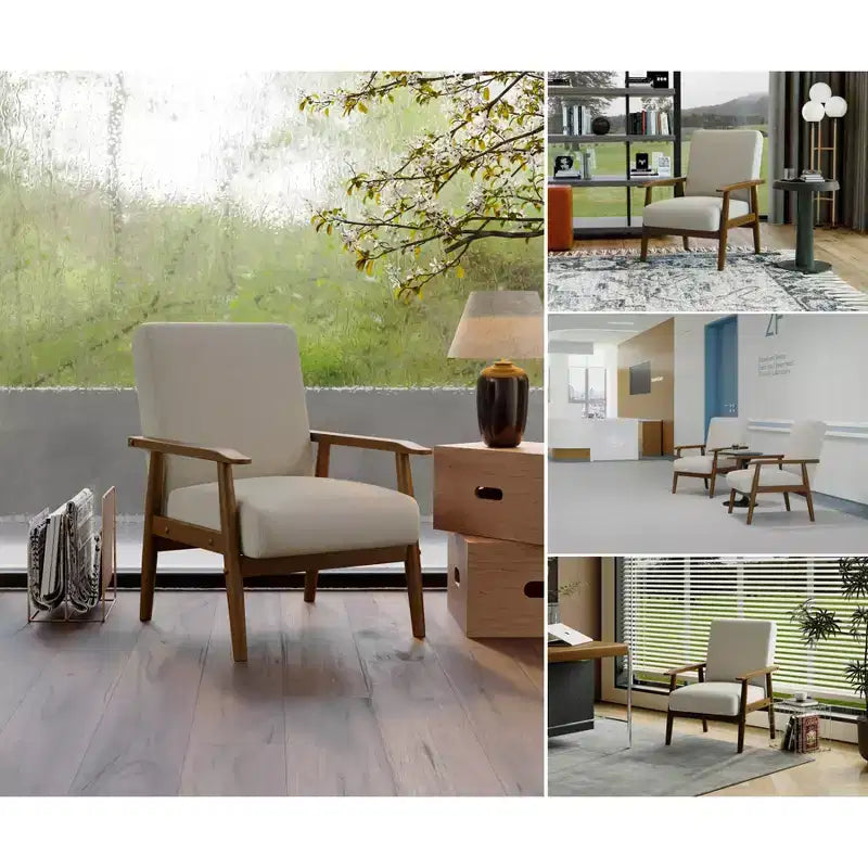 Fauteuil d'appoint en lin de style Mid-Century Modern avec cadre en bois massif, blanc cassé