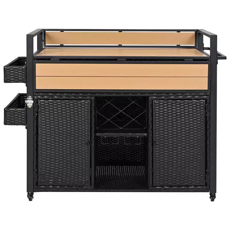 Chariot de grillades d'extérieur en osier de 52,8 po avec plateau de table étendu, îlot de cuisine roulant avec grand rangement, porte-épices et roues verrouillables