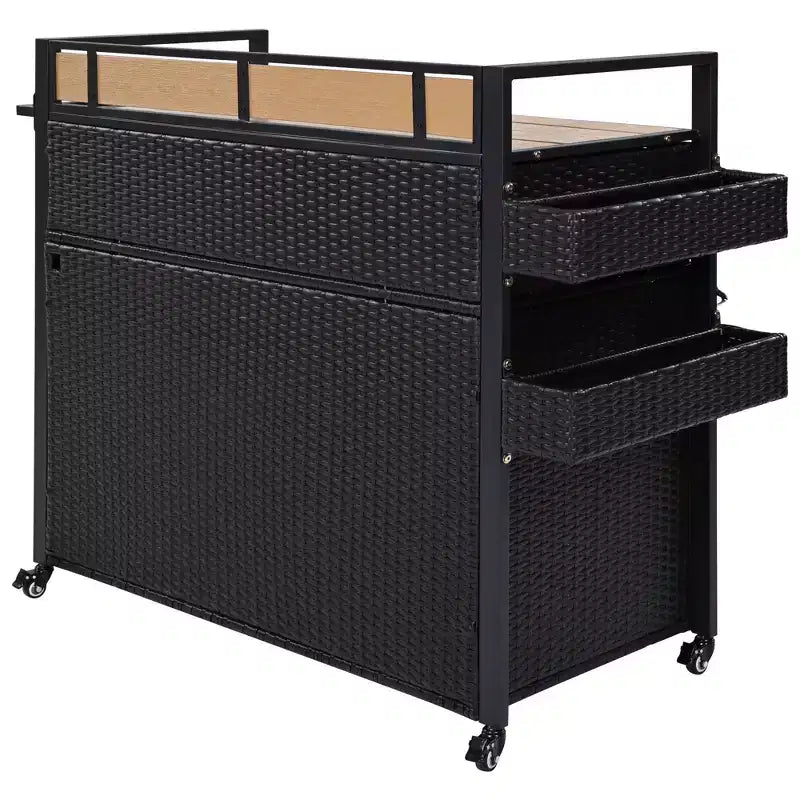 Chariot de grillades d'extérieur en osier de 52,8 po avec plateau de table étendu, îlot de cuisine roulant avec grand rangement, porte-épices et roues verrouillables