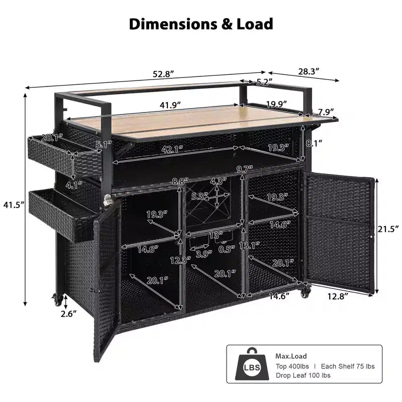 Chariot de grillades d'extérieur en osier de 52,8 po avec plateau de table étendu, îlot de cuisine roulant avec grand rangement, porte-épices et roues verrouillables