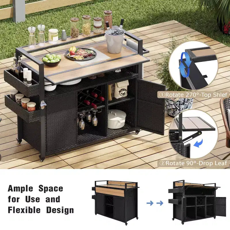 Chariot de grillades d'extérieur en osier de 52,8 po avec plateau de table étendu, îlot de cuisine roulant avec grand rangement, porte-épices et roues verrouillables