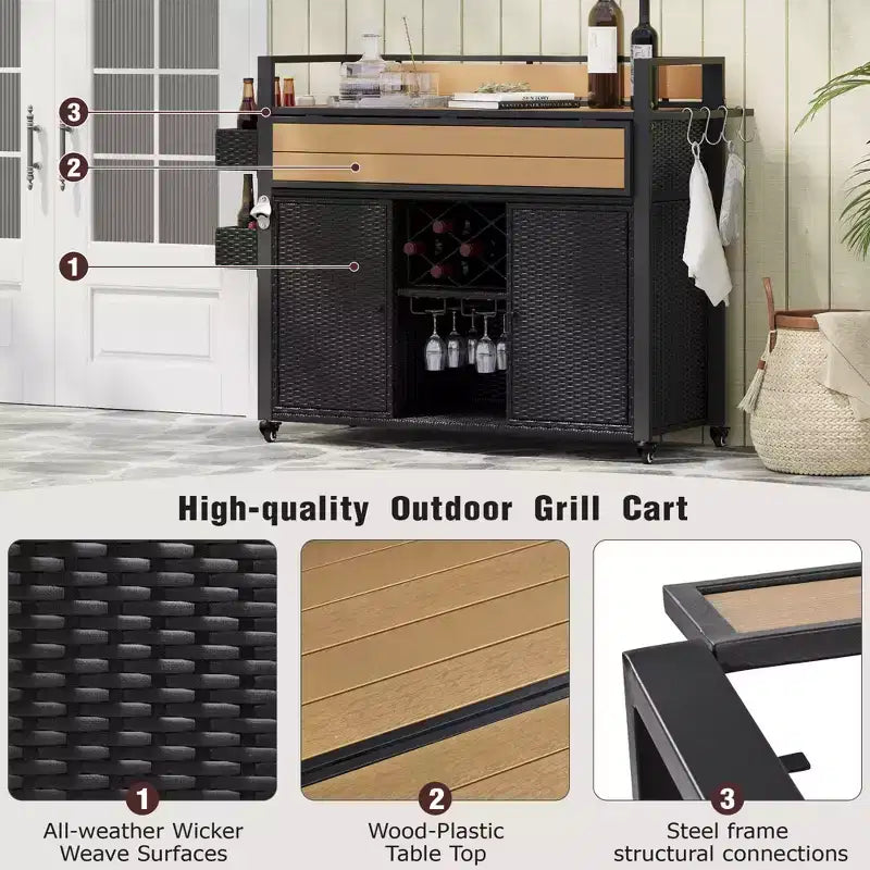 Chariot de grillades d'extérieur en osier de 52,8 po avec plateau de table étendu, îlot de cuisine roulant avec grand rangement, porte-épices et roues verrouillables
