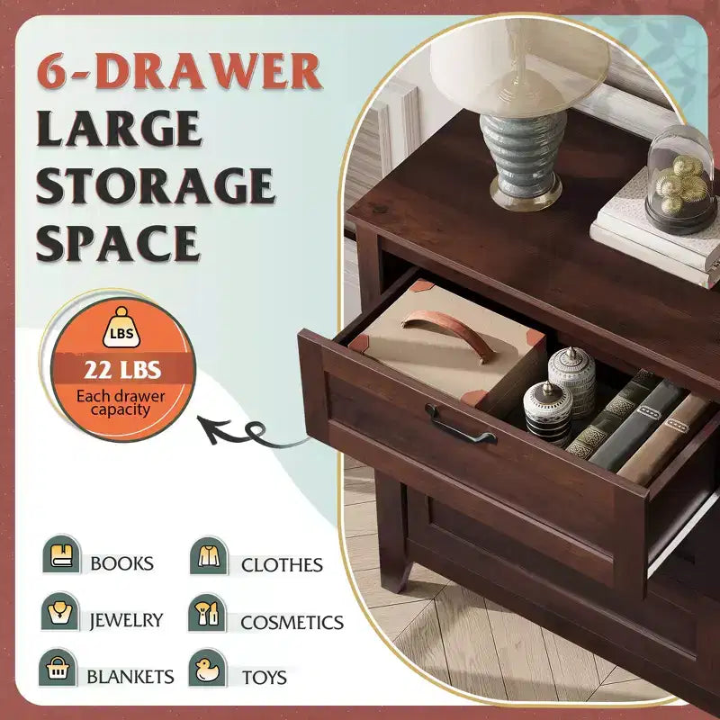 Commode à 6 tiroirs, Grand meuble de rangement pour chambre, salon, entrée, Commode rétro en bois avec poignées métalliques et dispositif anti-basculement, 137 cm