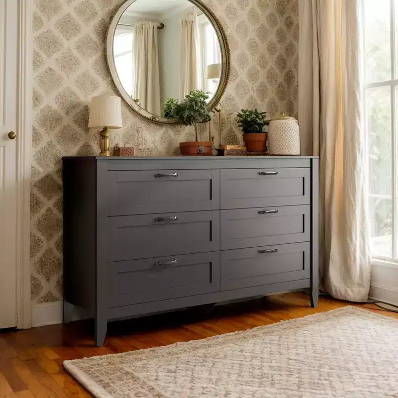 Commode à 6 tiroirs, Grand meuble de rangement pour chambre, salon, entrée, Commode rétro en bois avec poignées métalliques et dispositif anti-basculement, 137 cm