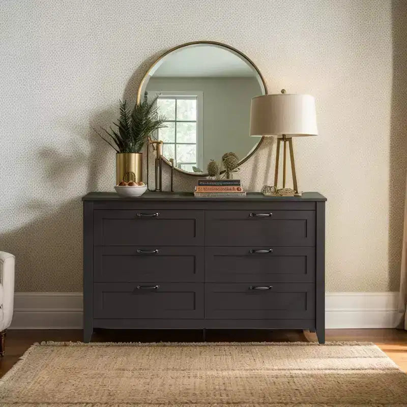 Commode à 6 tiroirs, Grand meuble de rangement pour chambre, salon, entrée, Commode rétro en bois avec poignées métalliques et dispositif anti-basculement, 137 cm