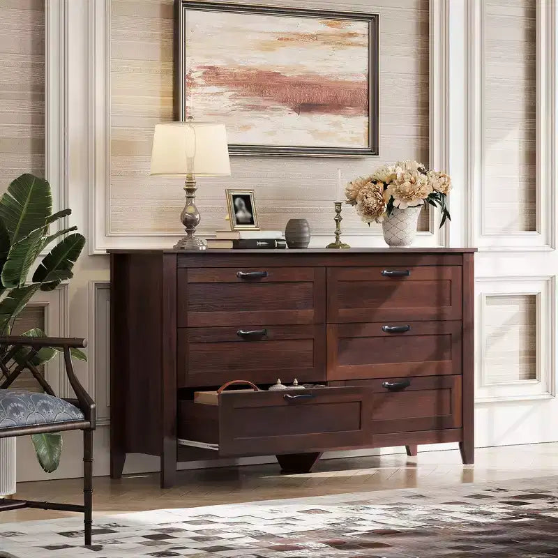 Commode à 6 tiroirs, Grand meuble de rangement pour chambre, salon, entrée, Commode rétro en bois avec poignées métalliques et dispositif anti-basculement, 137 cm