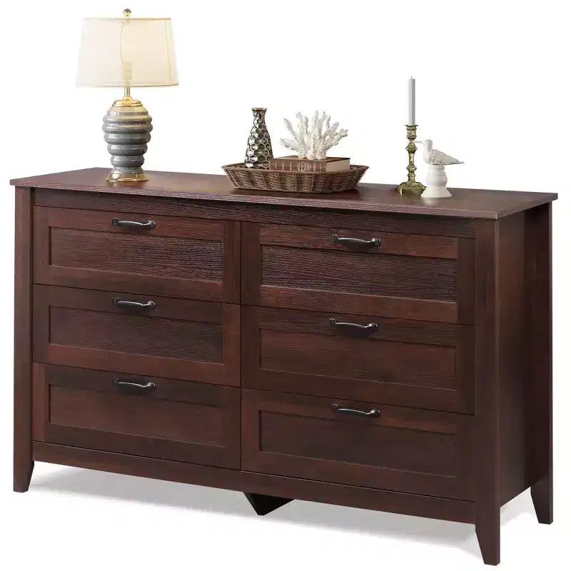 Commode à 6 tiroirs, Grand meuble de rangement pour chambre, salon, entrée, Commode rétro en bois avec poignées métalliques et dispositif anti-basculement, 137 cm